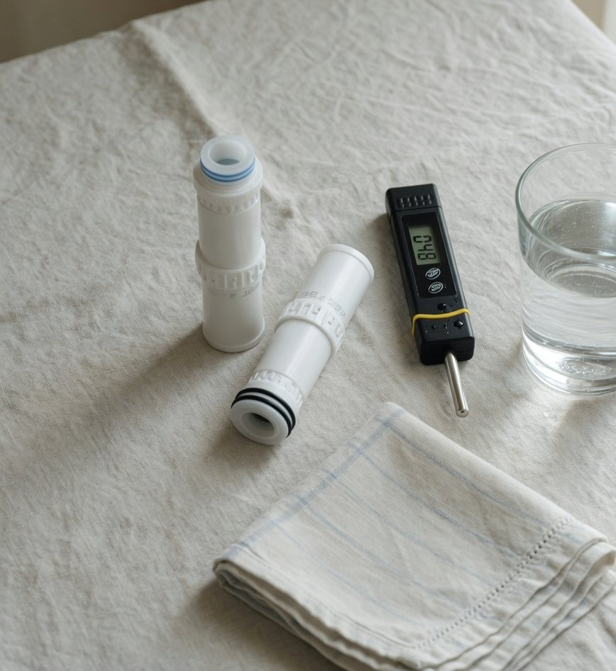 Filters, a water tester, and a glass of water laid out before a service.