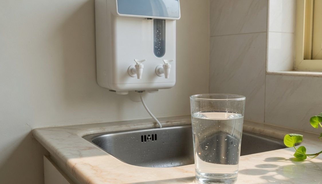 A home water purifier above a kitchen sink, with a glass of clear water.
