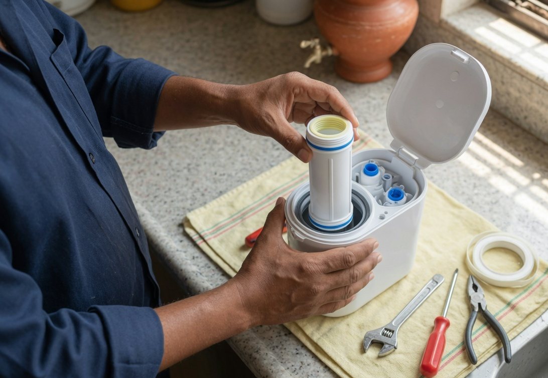A technician fitting a new filter into a home water purifier.