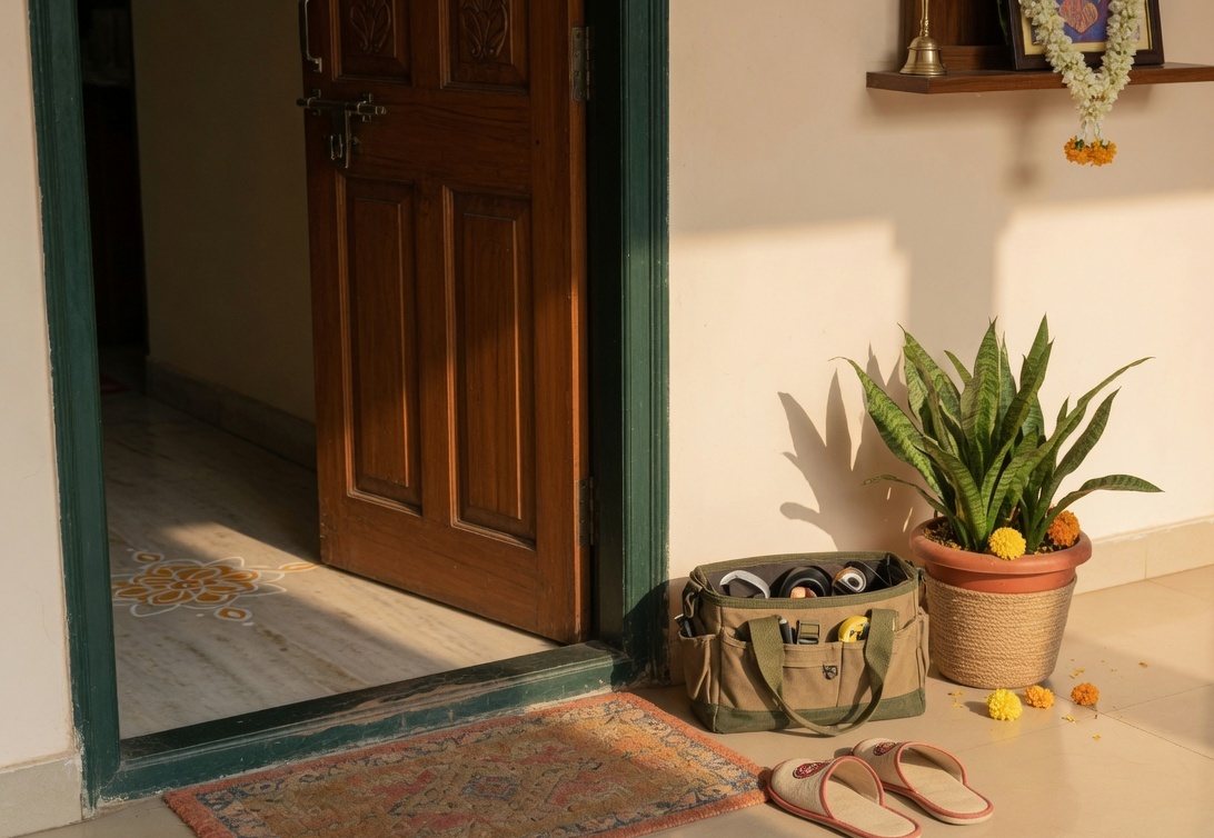 An open home door with a service tool bag, ready for a visit.
