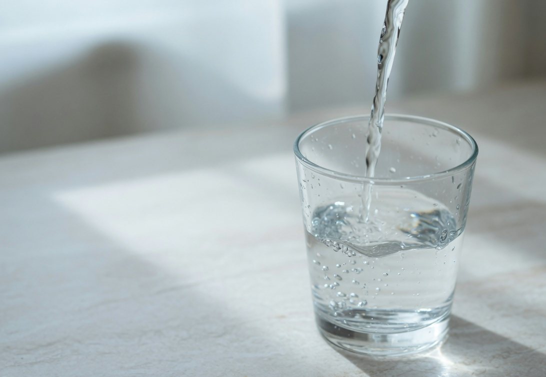Clear water pouring into a glass.